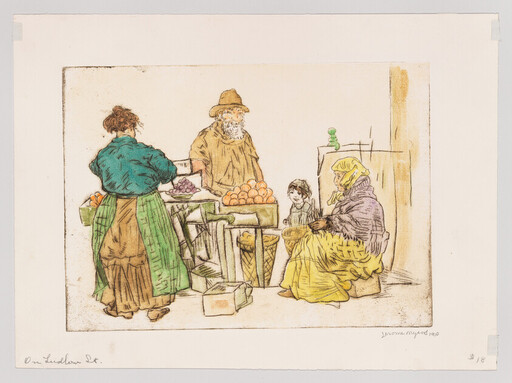 A market vendor sells fruit at a stall while customers, including a seated woman and child, wait.