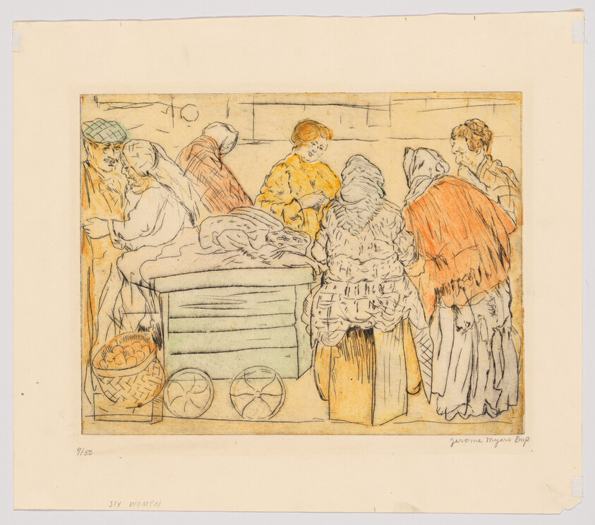 Six women in shawls gather around a wooden market cart with a basket of produce.
