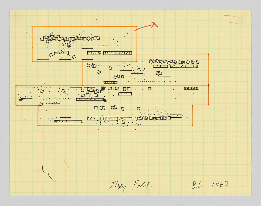 Graph paper with orange rectangular outlines, scattered small black squares, and handwritten "B.L. 1967."