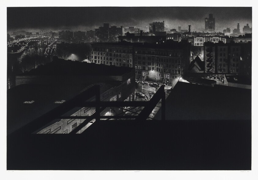 Rooftop railing overlooks a dimly lit city street and distant skyline at night.