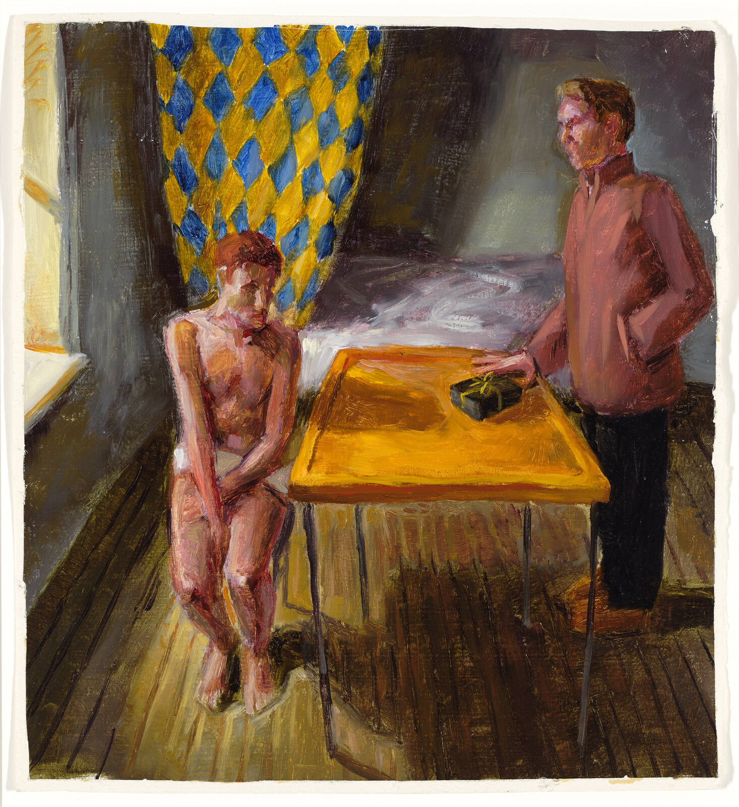 A seated naked man looks down while a standing man places a small wrapped box on the table.