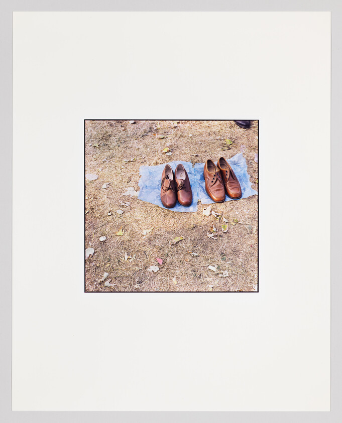 Two pairs of brown dress shoes resting on a blue cloth on dry grass.