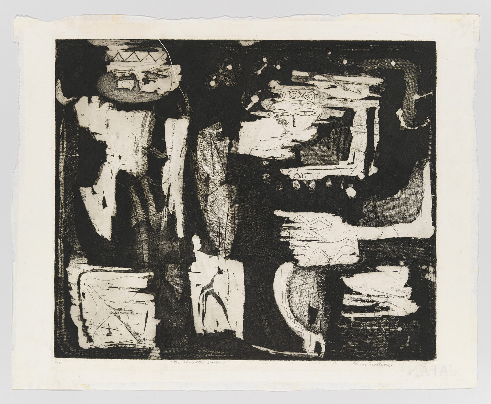 Abstract black-and-white print showing two mask-like faces and organic shapes arranged in rectangular areas.