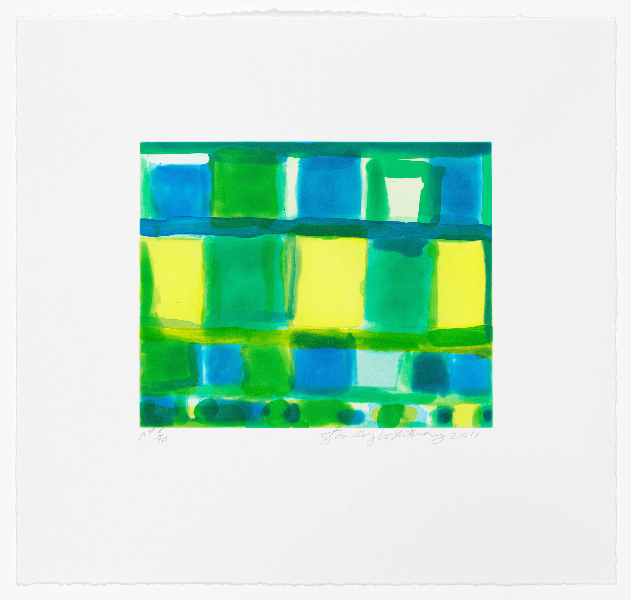Bright blue, green, and yellow watercolor squares form a loose grid centered on a white sheet.