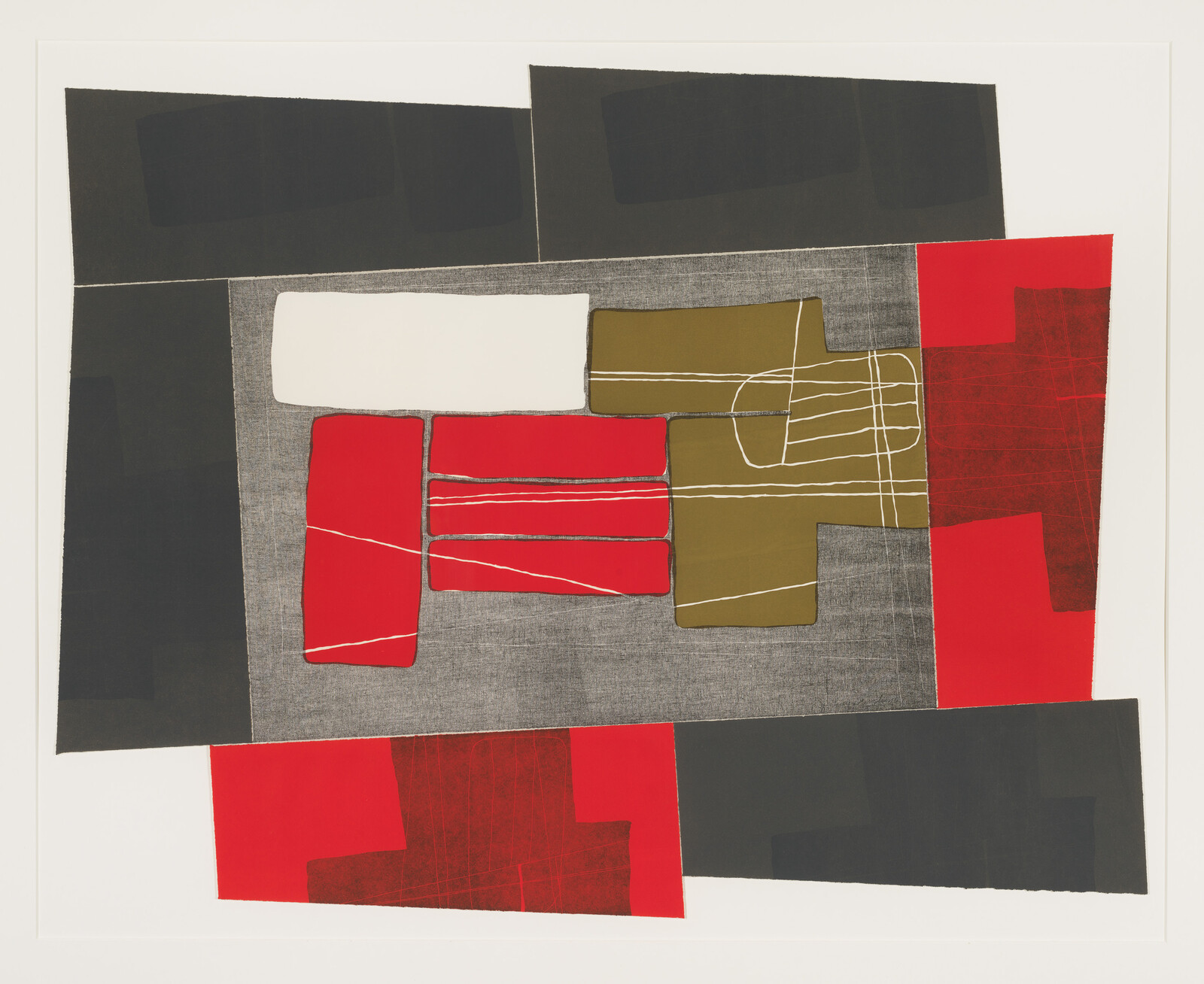 Overlapping red, black, gray, olive, and white rectangles form an abstract composition with white line markings.