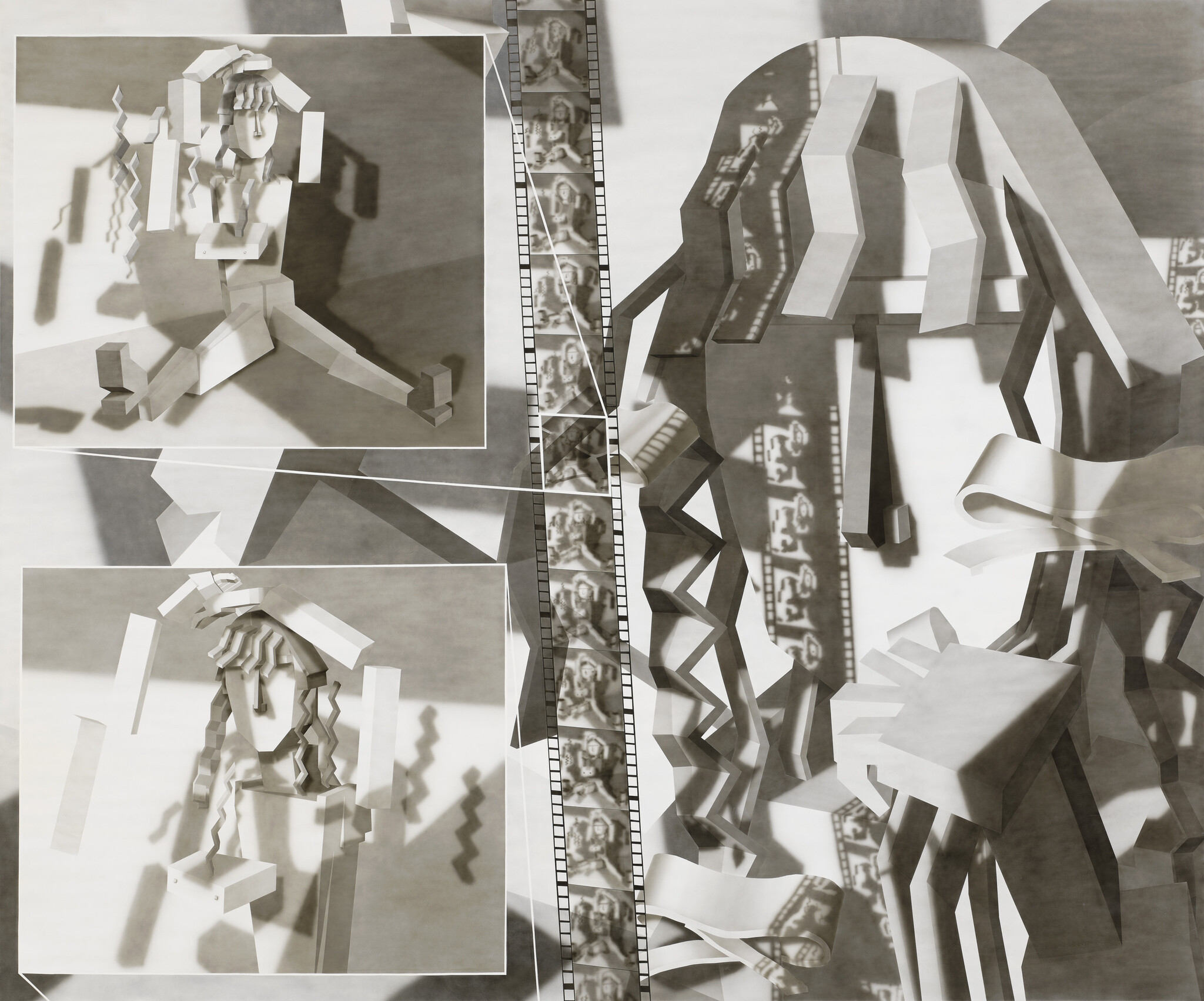 Paper-constructed mannequin with curled paper hair stands beside a vertical filmstrip showing small faces.