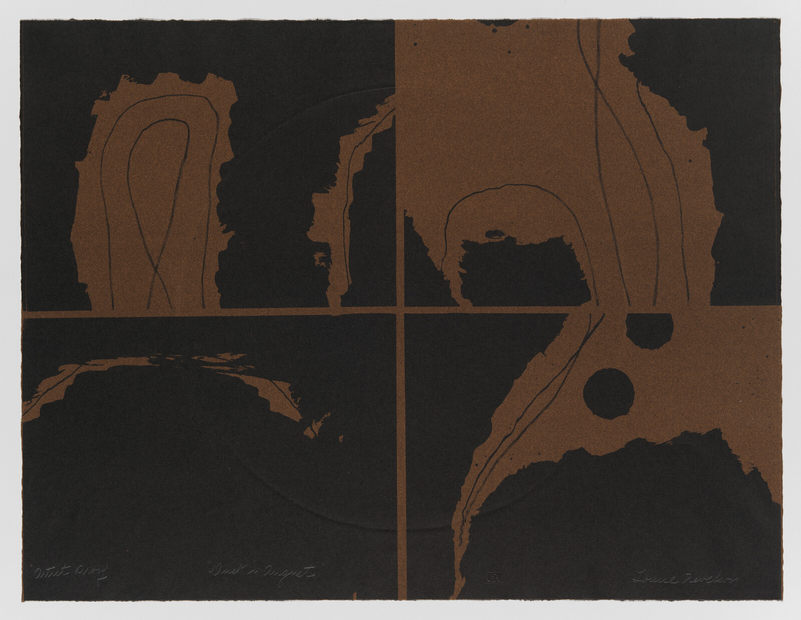 Four-panel abstract print with brown organic shapes, curved contour lines, and two round holes.