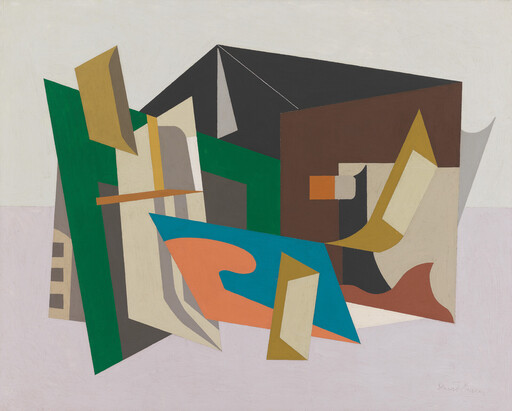 Overlapping geometric panels and bold colored shapes arranged like an abstract architectural collage.