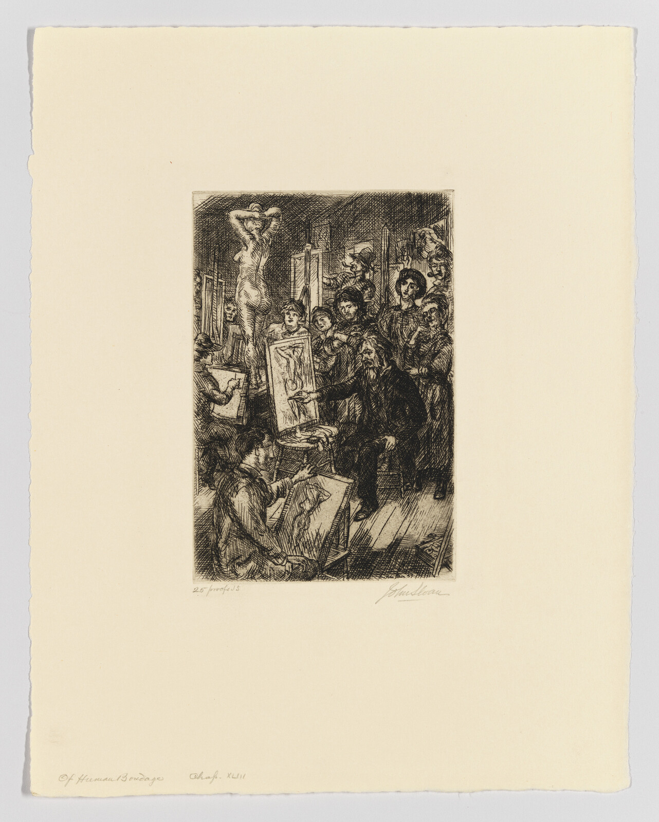 Etching of an art class with students drawing a live model, signed by the artist.