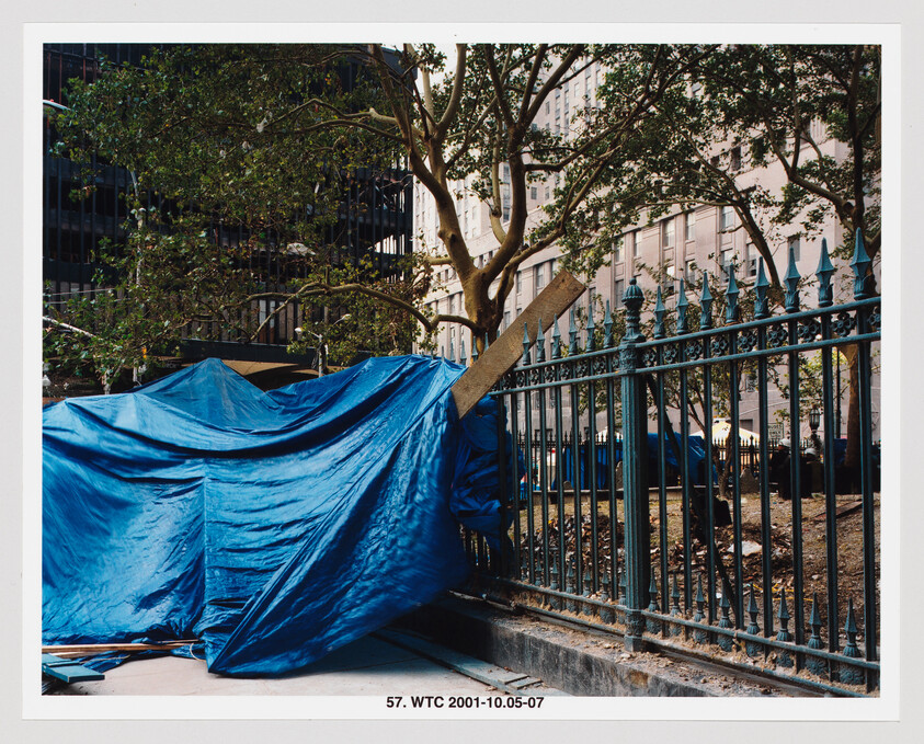 Blue tarp-covered makeshift shelter draped over sidewalk beside a metal fence near city buildings.