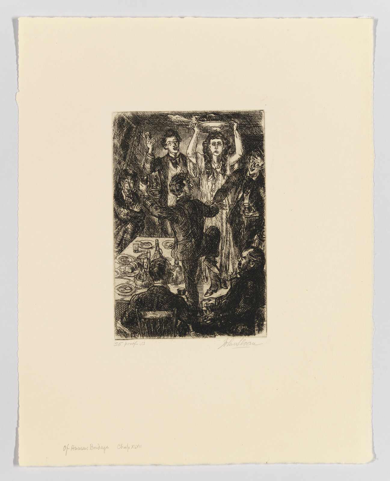 Etching of a lively gathering with people around a table, some standing, with expressive gestures and a central figure holding a plate overhead.