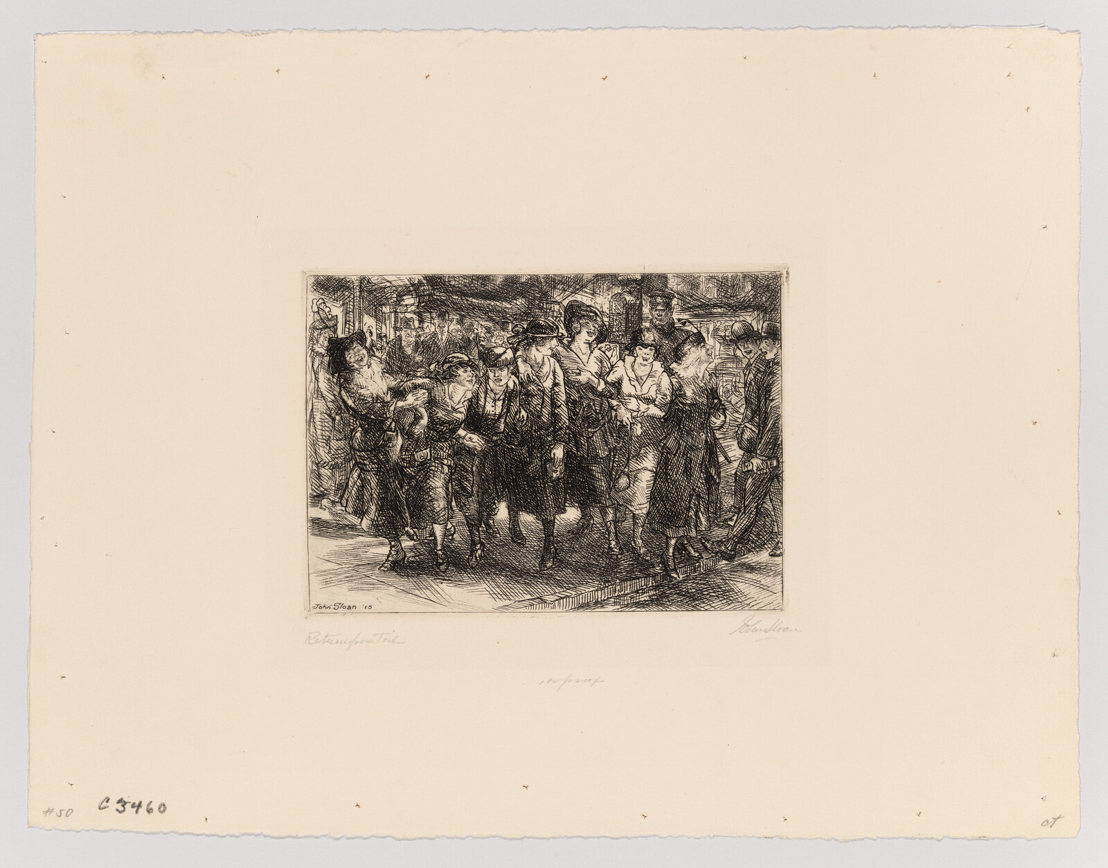 A crowd of men and women hurriedly walk along a busy city sidewalk, heads down.