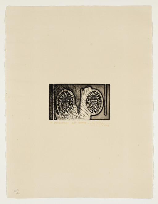 Small etching on cream paper showing two circular Ballantine Ale seals side by side.