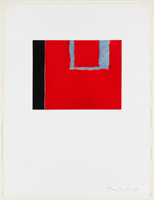 A red rectangle with a black vertical stripe and a blue U-shape near the top.