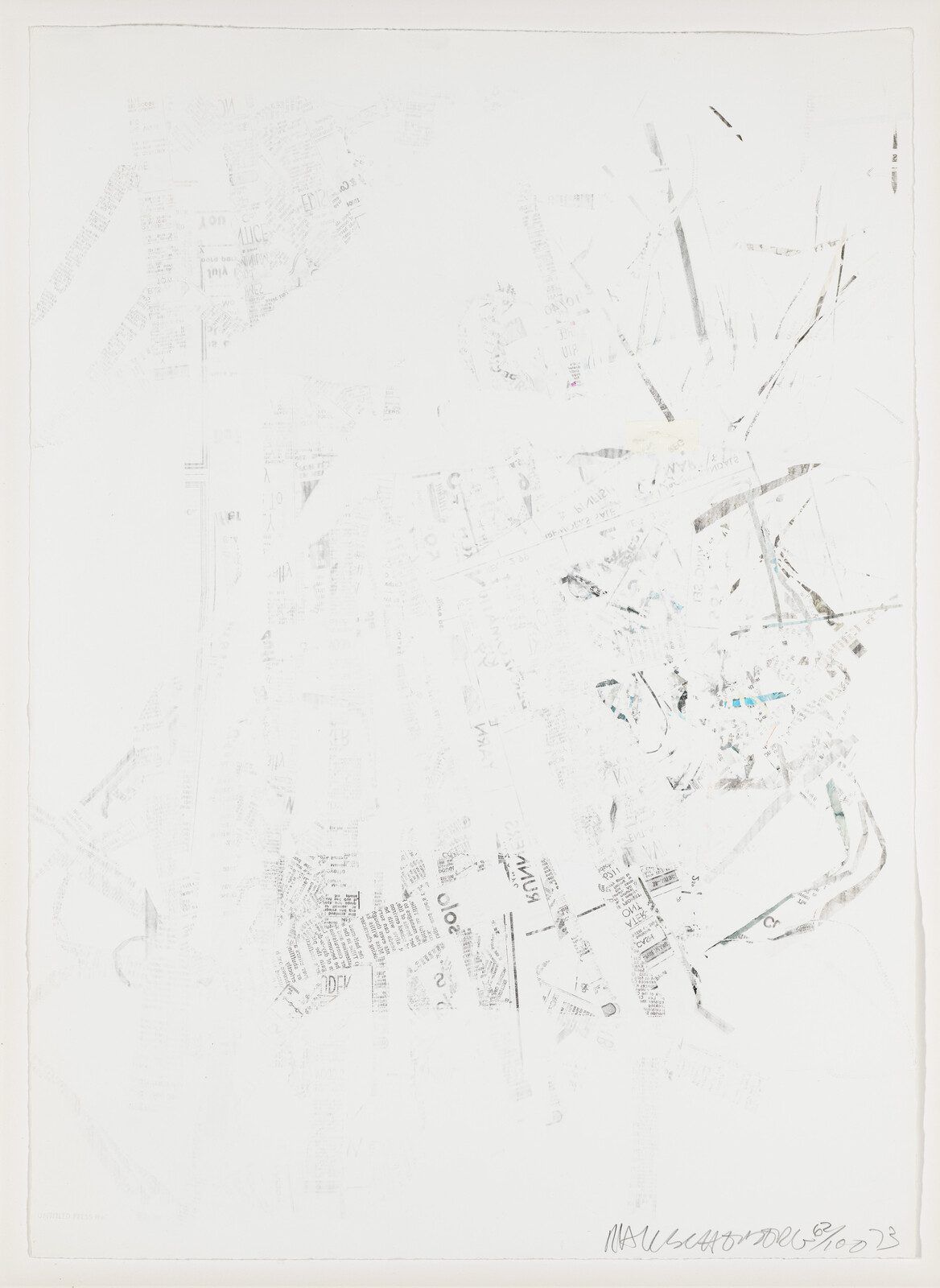 Faint abstract collage of torn newspaper fragments and light pencil marks on white paper.