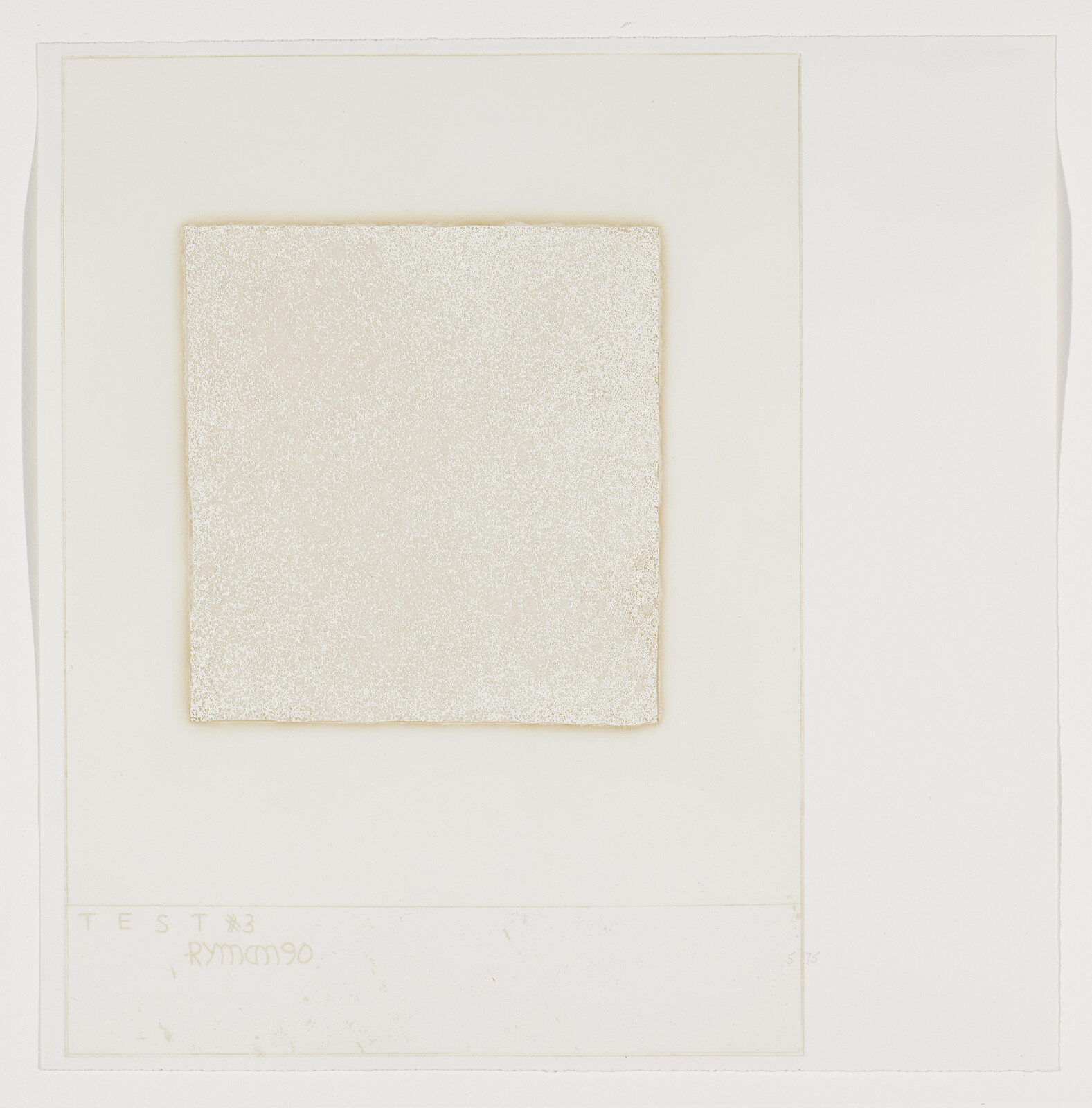 Off-white textured square artwork centered on larger paper with faint handwritten notes at the bottom.
