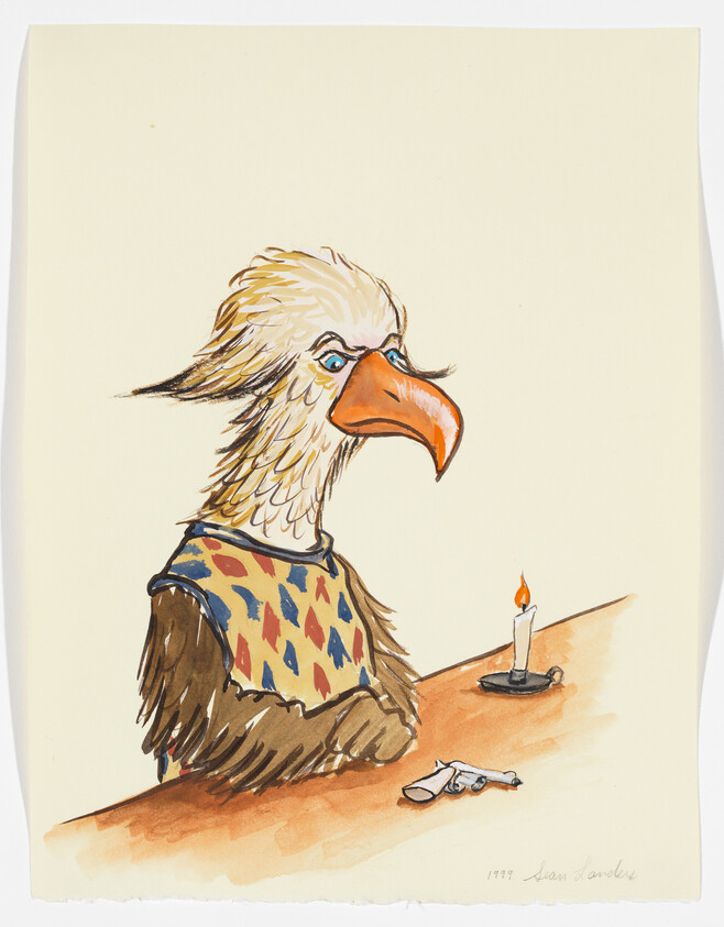 An eagle-headed figure sits at a table wearing a patterned vest, a lit candle and small pistol nearby.