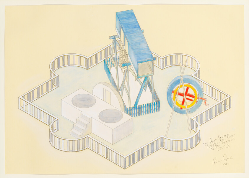 Colorful architectural sketch of a geometric structure with a blue roof and circular elements, signed in 1924.