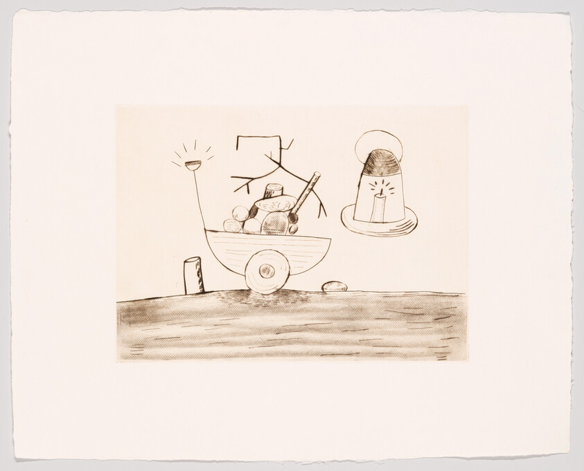 A hand-drawn wheelbarrow carries round stones and a branch beside a floating lantern.