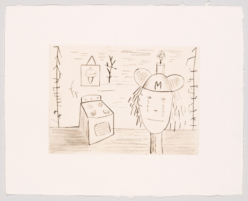 A simple sketch shows a person with an M hat topped by a lit candle crying beside a stove.