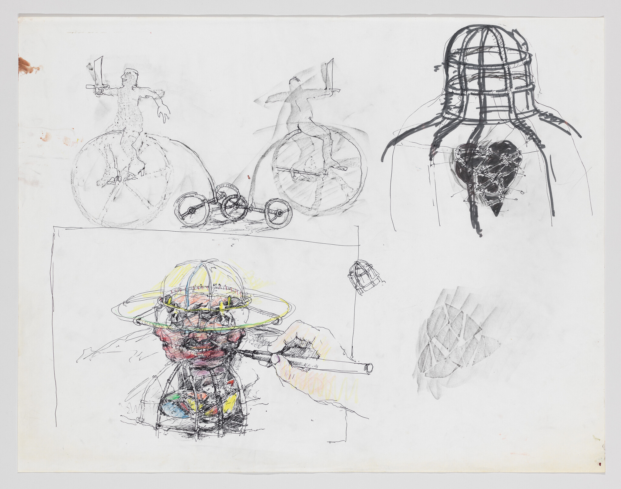 An artist draws a wireframe head with a brush while mechanical wheel and heart cage sketches surround it.