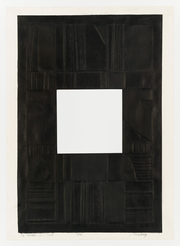 A bold black textured rectangle surrounds a central white square, creating a stark geometric contrast.