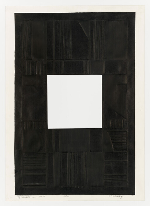 A bold black textured rectangle surrounds a central white square, creating a stark geometric contrast.