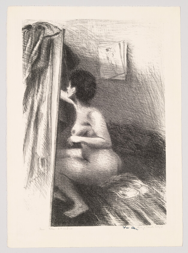 Nude woman sitting on a stool peeks around a curtain in a dimly lit room.