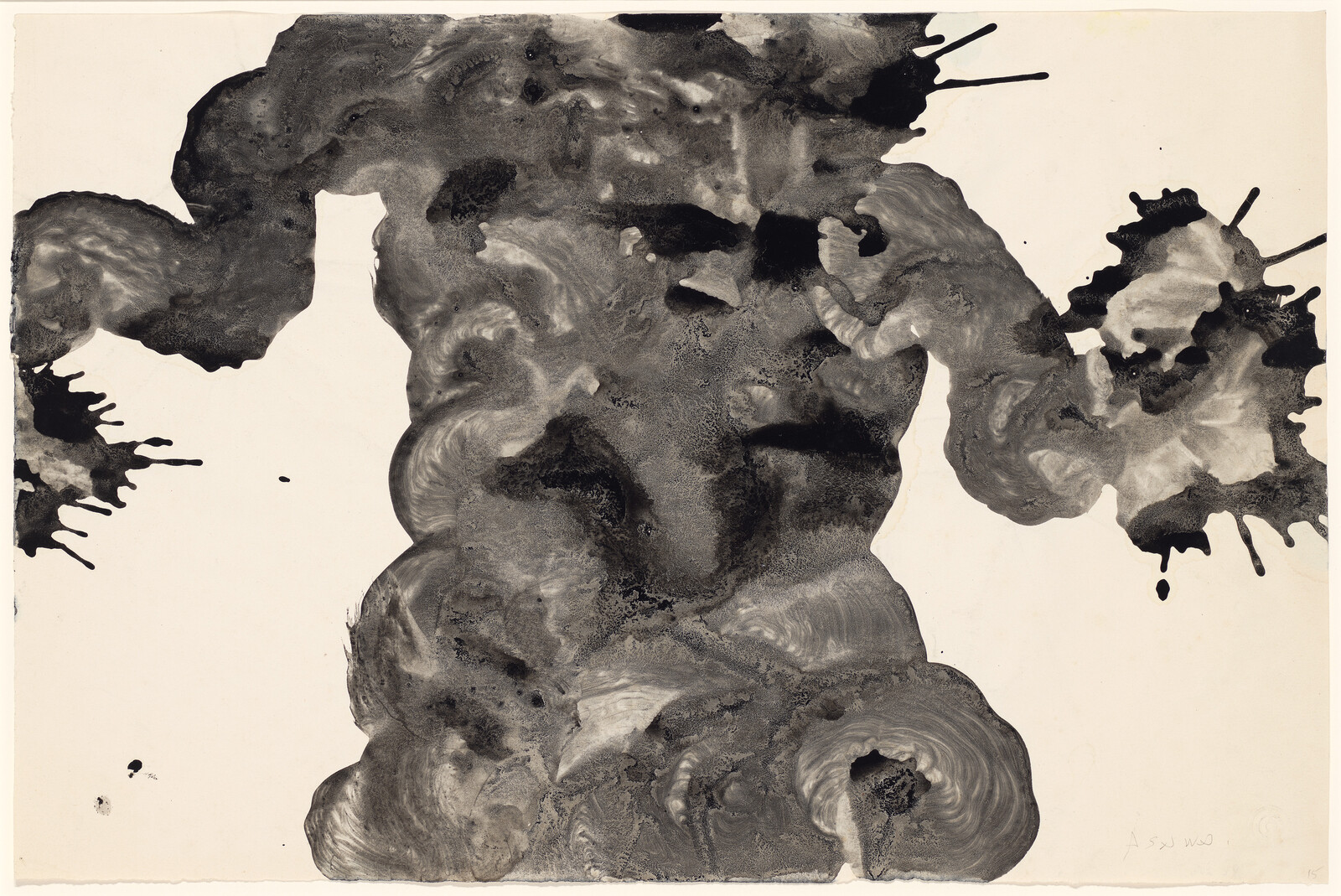 Inky brush strokes fill the center third of a sheet of paper and branch sideways to the edges, ending in watery splash marks