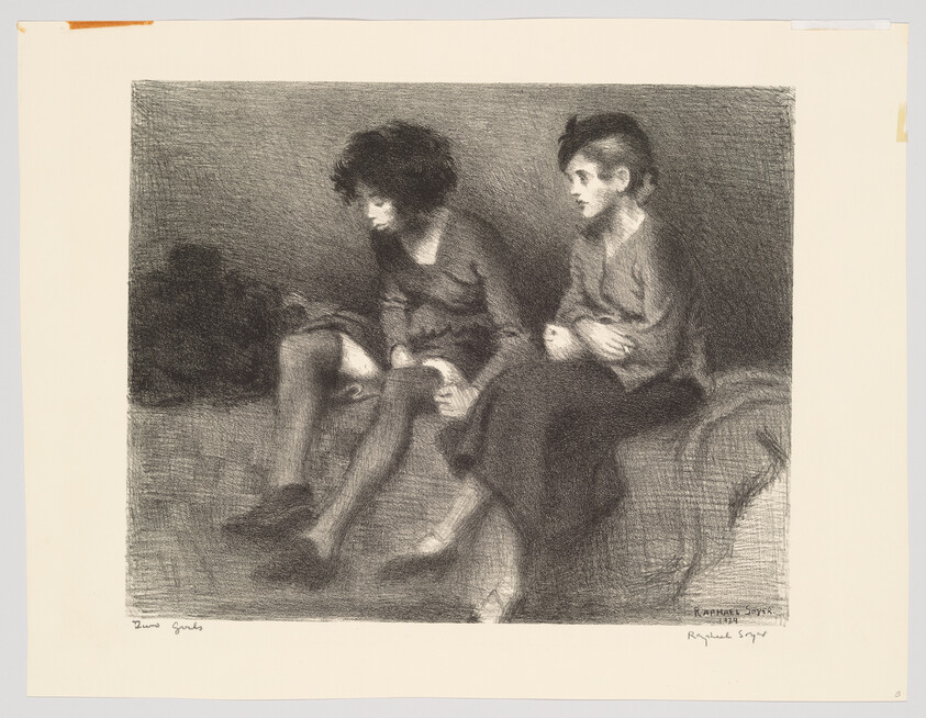 Two young women sit on a bed, looking down with tired, pensive expressions.
