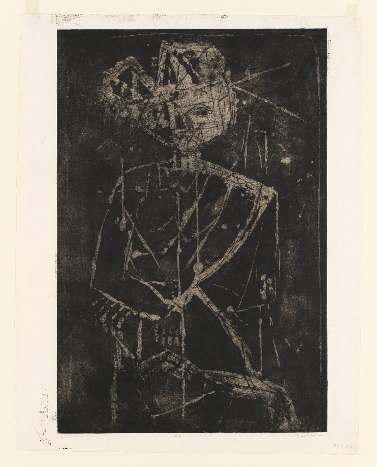 A rough, abstract seated figure with folded hands and a hat-like shape on head.