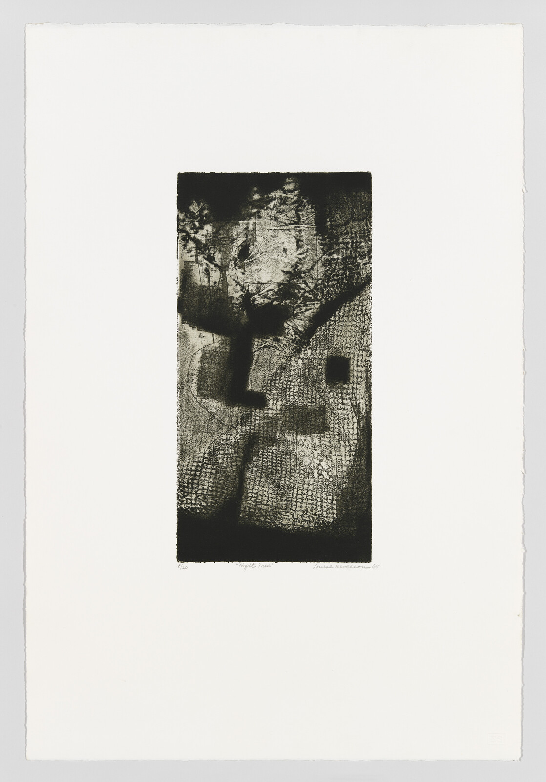 A vertical black abstract print with textured shapes and rough edges centered on white paper.