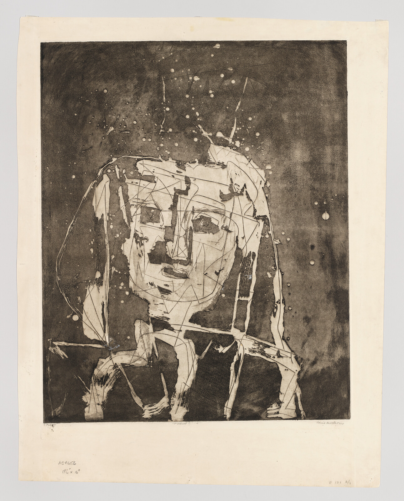 Abstract etched portrait of a person with geometric lines and dark textured background.