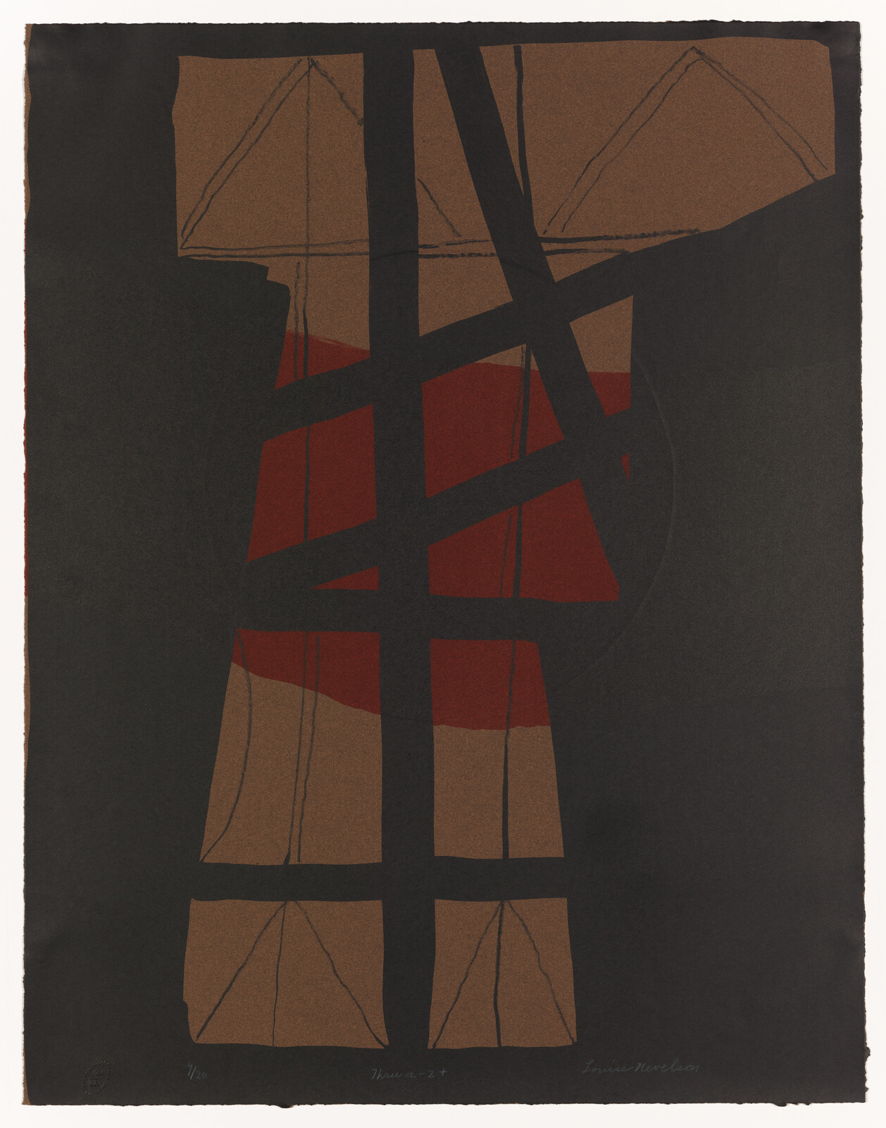 Dark abstract composition with black intersecting bands over brown panels and a central red shape.