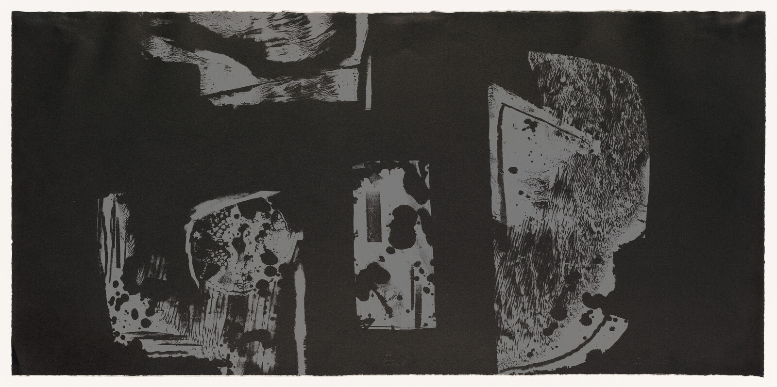 Abstract dark print with gray textured shapes and splattered patterns across a black background.