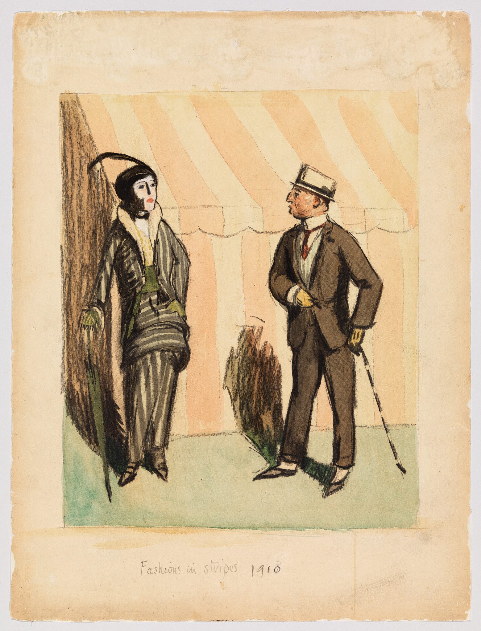 A stylishly dressed woman and man in early 1910s striped outfits face each other on sidewalk.