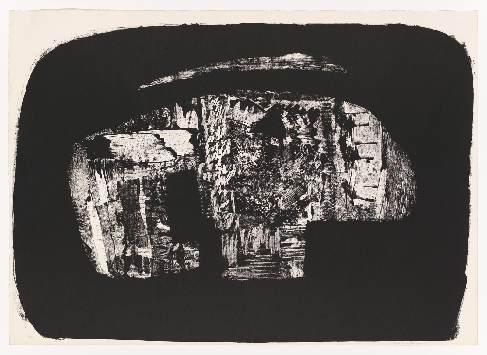 Large dark rounded shape surrounds textured white and black brush marks forming an abstract central composition.