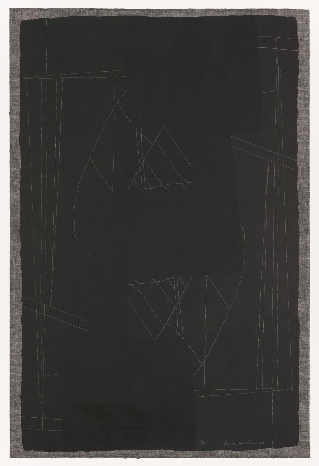 Large dark abstract panel with thin white scratched lines forming triangle shapes and faint border.
