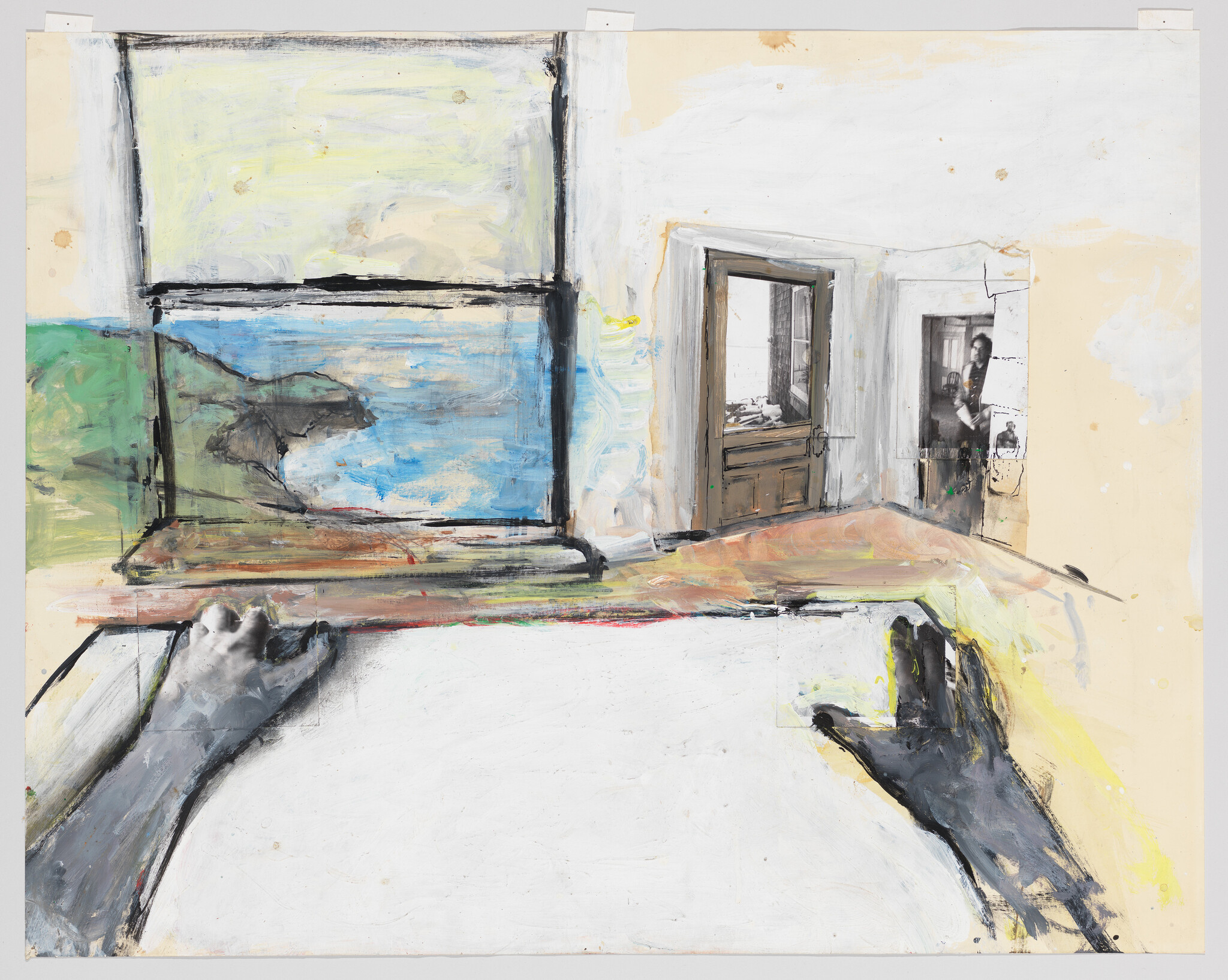 Two painted hands reach toward a table with a seaside window and an open doorway.