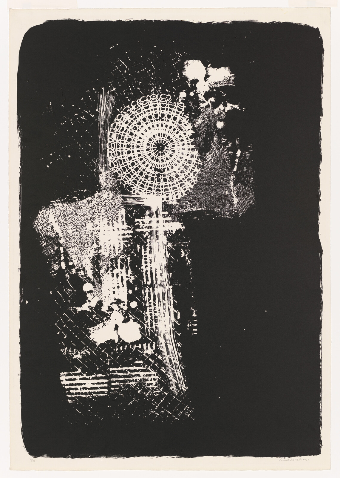 Large white circular lace pattern and textured brush marks on a black background.