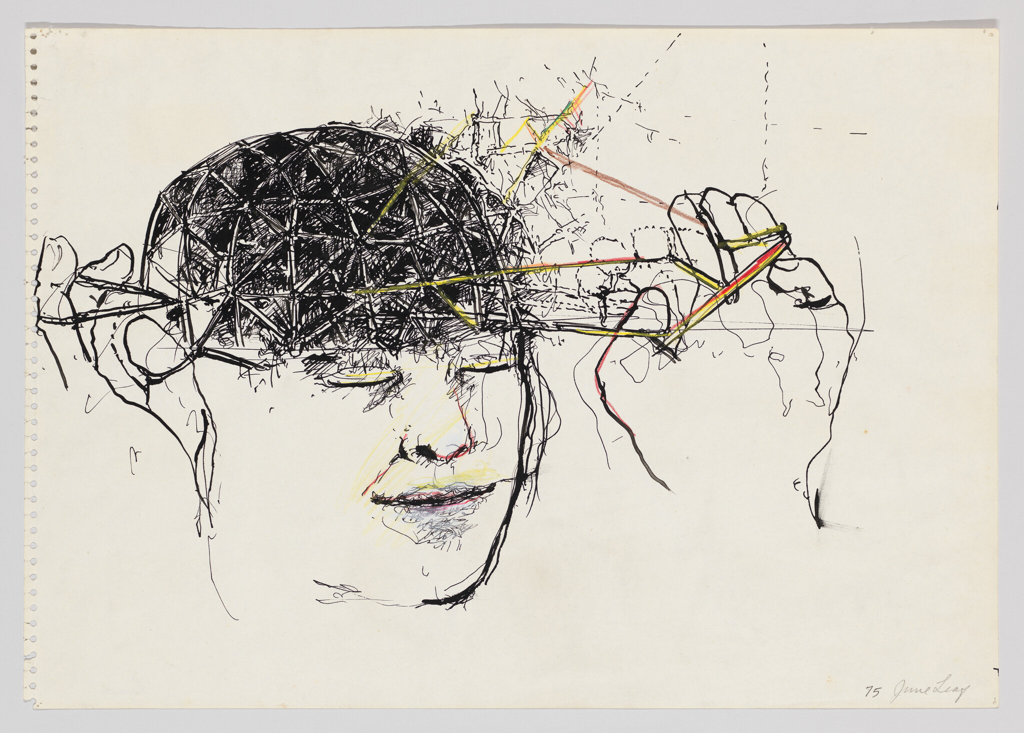 Person wearing a latticed dome hat pulls colored strings across their face.