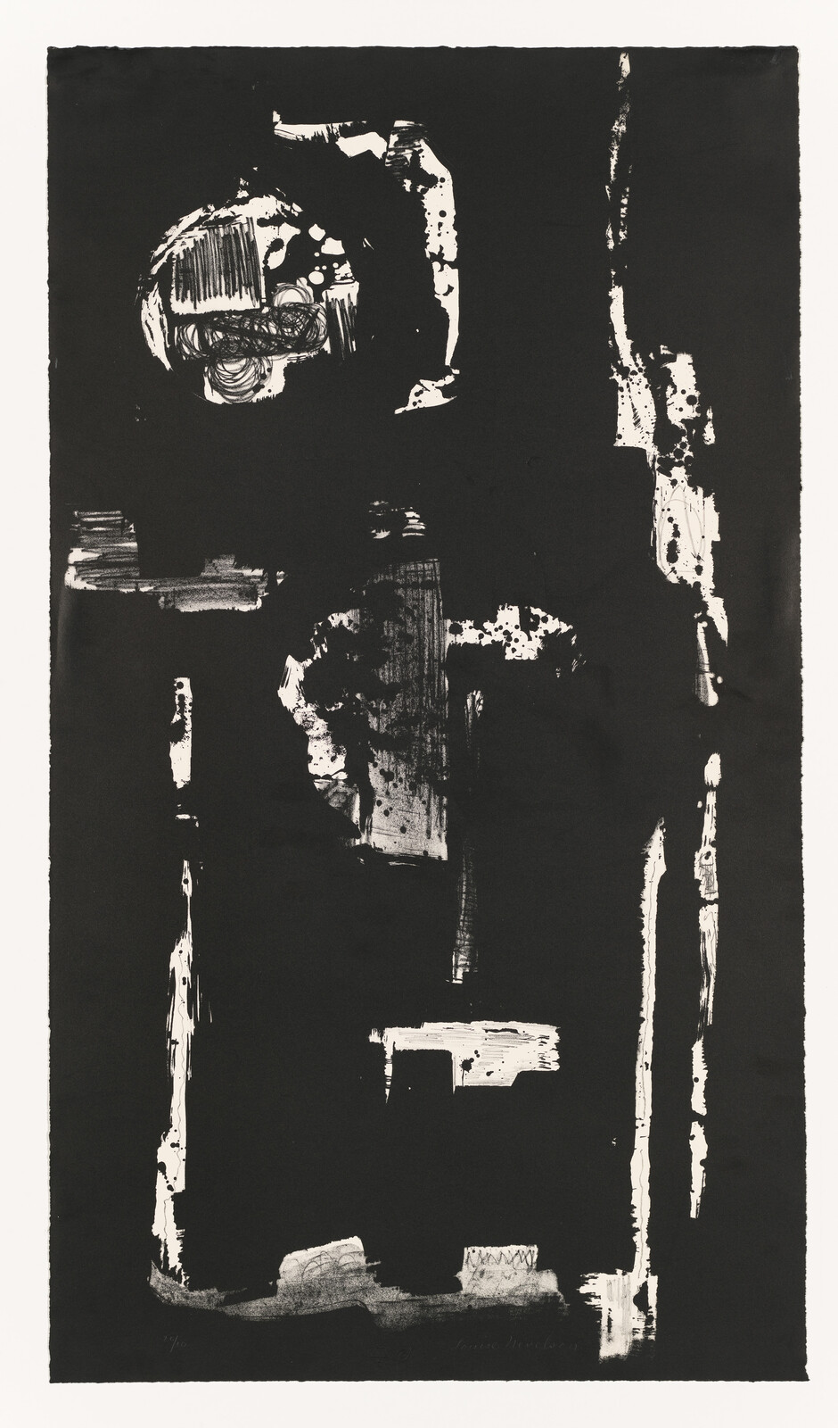 Abstract black-and-white print with vertical white brushstrokes and circular textured shapes against dark background.