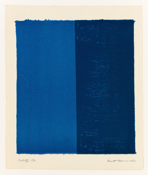 Two vertical blue panels with a darker right panel and a narrow overlap on cream paper.
