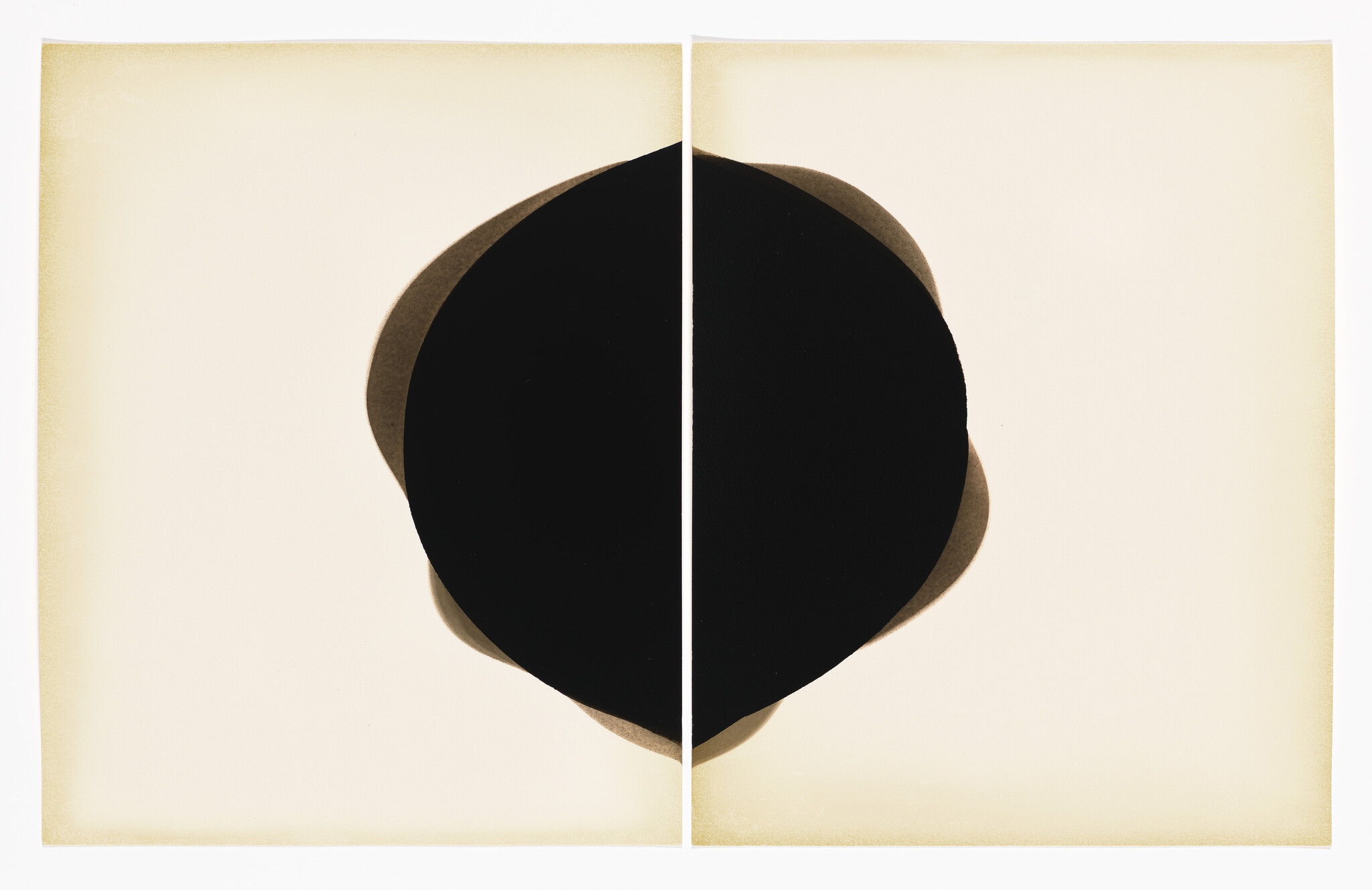 A large black circle split down the middle by a narrow gap across two pale beige panels.
