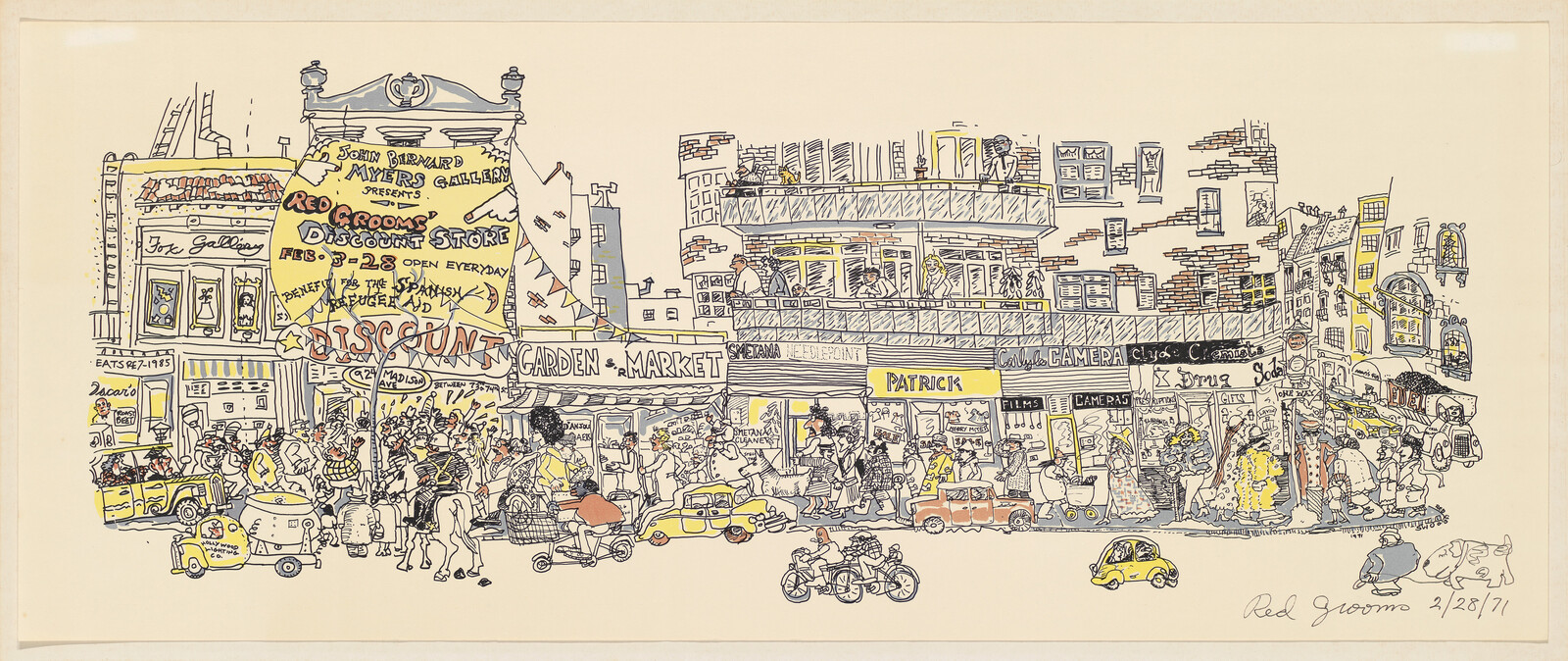 Crowded city street market with shoppers, vendors, cars, and a large discount storefront sign.