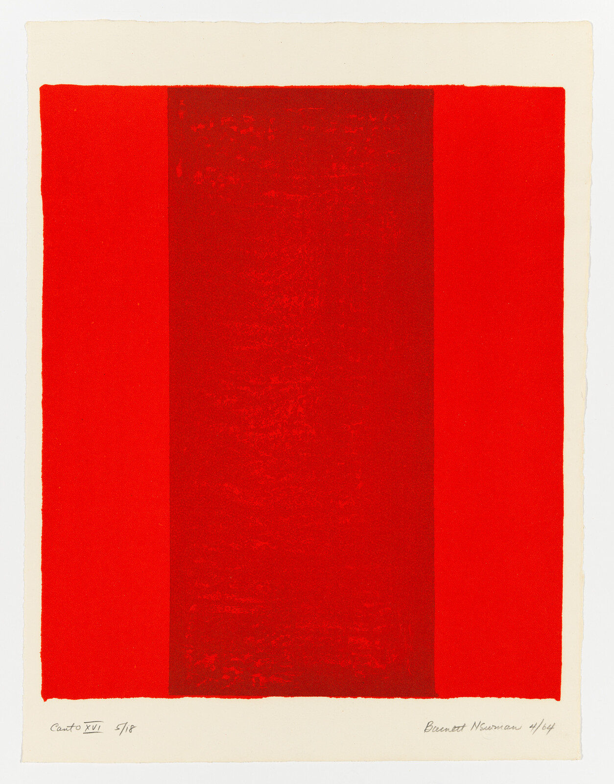 Three vertical red panels printed on a cream paper sheet, with a darker central stripe.