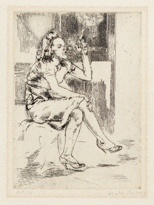 A vintage etching depicting a seated woman in a dress, looking to her right with her finger pointing upwards. The style suggests an early to mid-20th-century artwork, with expressive line work and shading that creates a sense of depth and texture. The woman's expression is contemplative, and the background features indistinct forms, possibly suggesting an interior space. The artist's signature is visible at the bottom right of the image.