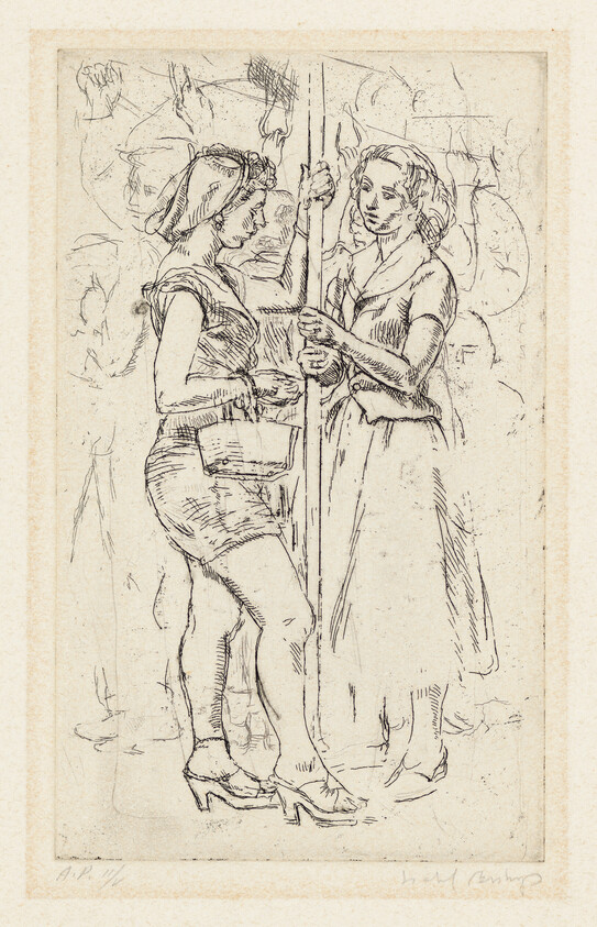 A vintage etching or drawing depicting two women standing close to each other, holding onto a vertical pole. The woman on the left is wearing a headscarf and a sleeveless top with high-waisted shorts, while the woman on the right is in a short-sleeved blouse and skirt. Both appear engaged in a task or conversation, with the woman on the right pointing upwards. The background is sketchy, suggesting an undefined space, and the artwork has a rough, hand-drawn quality. There is a signature at the bottom right corner.