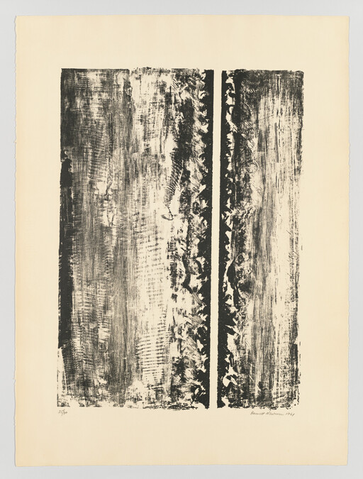 Two tall textured black rectangles with a thin vertical gap and rough brush marks on cream paper.