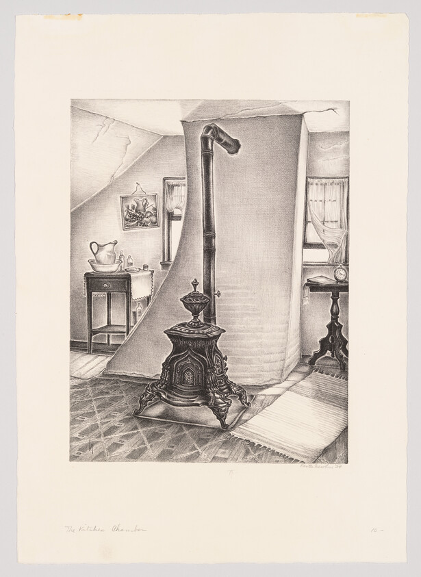 Ornate cast-iron stove with tall pipe standing in a small attic room beside furniture.